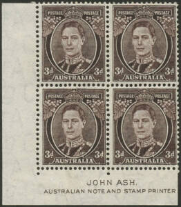 1941 (SG.187 variety) 3d Brown KGVI, THIN PAPER, Ash Imprint blk. [BW.196a - $600+]. A scarce Imprint block.