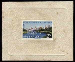 1956 (SG.293) 2/- Melbourne Olympics imperforate Plate Proof on embossed white card. Handstamped "13" on the reverse; BW.335PP(1). Some toning that could be professionally removed.