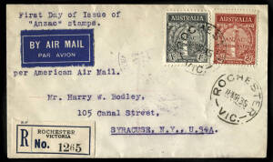 18 March 1935 2d & 1/- ANZAC on registered FDC from ROCHESTER to USA with all appropriate backstamps.