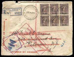 1943 (Jan.1) 1d purple-brown QM, FDC registered, censored and returned, Brisbane - New Jersey USA. With the original address deleted and red boxed cachet "RETURN TO SENDER / NON TRANSMISSIBLE". Enclosures incl. typed slip reading in part "No stamps may be