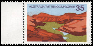 1976 35c Wittenoom Gorge with error 'purple (distant hills) omitted'; BW.749c, Cat.$4,000. Marginal single with normal stamp, for comparison.