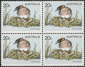 1978 (SG.673a) 20c Little Grebe block of 4, all units showing the error 'YELLOW (BEAK & EYE) COMPLETELY OMITTED' together with normal for comparison. (BW.805cb). Cat.$1,000.