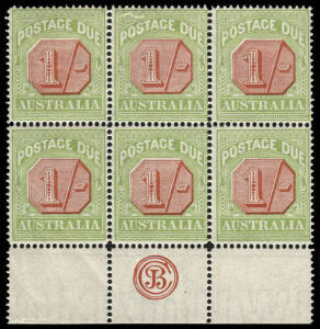 1912-23 (SG.D85) Thin paper, perf.14: 1/- Scarlet & Yellow-Green, JBC Monogram block; lower units superb MUH; upper units MLH. BW:D102z+.