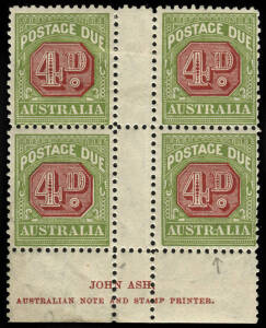 1931-36 (SG.D100-111 excl.D108 & D110) CofA watermark: A fine collection of Imprint blocks & pairs showing varieties in the Imprint and with/without "RA joined" & other varieties on annotated pages: comprising ½d blk.4, 1d blks.4 x 6 plus a blk.8, 2d blk.