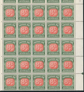 1959 (SG.138; BW.D154) 8d Red and Deep Green, Die II, no wmk, full sheet with perf pip at R. Will yield 12 strips of 5 with selvedge both sides, refer BW.D154c. Cat.£720+.