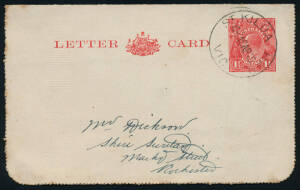 1925-30 (H&G.A25,27,28,29 & 30) KGV 1½d Scarlet on white. Group, text at base "TO OPEN THE LETTERCARD,..", Perf 12½d, 1 mint & 5 used incl. 1925 (May) Melb. - Germany up-rated 1½d; Text at base "TO OPEN THIS LETTER CARD,..", Perf 11.75, 2 mint (1 not used