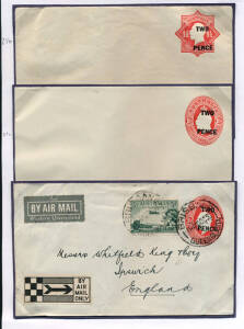 1930 (H&G B21b,c) TWO PENCE surcharge on Post Office Stock: comprising an octagonal embossed KGV 1&frac12;d red envelope unused, & oval embossed KGV 1&frac12;d red envelopes, one unused & another uprated 3d Air Mail used Oct.1930 Brisbane - England.