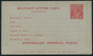 1916 (ASC.X2.1) MILITARY LETTER CARD, 1d red on grey with "AUSTRALIAN IMPERIAL FORCE" at base. "Regimental Number." 37mm long. Unused.