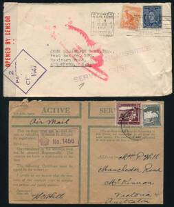 1940-43 group; 3 from Palestine incl. Active Service envelope to Aust, covers to GB & Haifa; 1941 9d airmail cover Gaza to NSW with Aust. stamps; 3 stampless Palestine covers to GB or Tel Aviv; 1941 cover to Singapore with "NOT TRANSMISSIBLE / SERVICE SUS