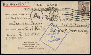 1942 (Dec.4) POW postcard in German, as issued by the YMCA, with a R/P of koalas, Adelaide - Germany with Adelaide blue censor mark. Very scarce.