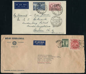 Group of airmail covers; 1936 cover, Armidale - Germany, at 1/9 endorsed "Via Greece"; 1955 covers to ROTARY INT'L, USA with 3½d QEII Envelope uprated to 2/- plus covers from Fremantle & Newcastle, at 6/-, with 5/- Arms + 1/- Lyrebird.