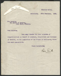 12 Nov.1919 (Re.AAMC.27) letter dated 26th February 1920, from the Menzies Hotel to "His Worship / The Mayor of Prahran / Town Hall, Prahran, thanking the Mayor and Citizens of Prahran for their telegram of Congratulations on completion of the flight to M