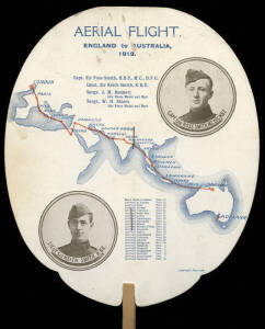 12 Nov.1919 (Re.AAMC.27) a cardboard souvenir fan (20.2 x 23.6cms) issued by John Martin & Co. Ltd., Adelaide, detailing the route of the flight - very scarce. Plus a draft and finished article signed by Sir Hudson Fysh as well as 3 b/white photographs an