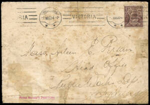 12 Nov.1919 (Re.AAMC.27) cover from the Prime Minister's Dept., Melbourne to Miss Aileen E. Ryan, Public Works Dept. Sydney, posted in Melbourne 1st March 1920, after completion of the flight, used for the forwarding of a Ross Smith cover to the addressee