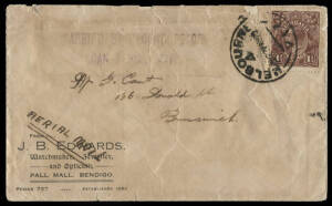 27 Aug.1920 (AAMC.50) "Peace Loan" Serpentine - Melbourne cover cancelled Melb. with faint boxed two line cachet "CARRIED BY SECOND PEACE LOAN AERIAL MAIL". Minor faults but very rare. Cat.$1000.