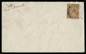 29 Dec.1921 cover flown from MARBLE BAR to NARROGIN, endorsed "Per 1st Aerial Mail", intended for the first southbound non-contract flight by WAA from Derby to Perth, abandoned due to engine trouble south of Broome but then delivered by the S.S."Bambra".