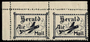 April 1922 (AAMC.64a) "Herald" Air Mail vignettes; a horizontal pair with selvedge at left & top. Multiples are scarce.