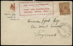 2 Nov.1922 (AAMC.66a) Charleville - Longreach cover (Charleville Hotel) carried on the first air mail delivery flight by QANTAS. Piloted over this sector by P.J. McGinness and addressed by him to his partner, Hudson Fysh, who piloted the Longreach - Clonc