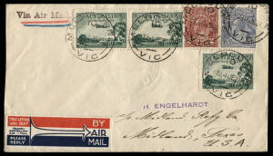 1 June 1929 (AAMC.67a) Melbourne - USA, cover carried by ship across the Pacific and, being pre-paid in Australian stamps (1/2) for US Internal airmail, carried by aeroplane from San Francisco to MIDLAND, with JUL.8 arrival b/stamp. The pre-payemnt of the