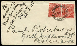 Feb.1928 (AAMC.119) Darwin - Bundaberg cover, flown by Bert Hinkler on this last leg of his epic solo flight in an Avro Avian from England to Australia. Endorsed at left and postmarked on arrival 29FE28. [12 flown]. Created by Litchfield, editor of The No