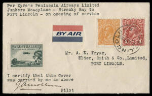 20 Aug.1929 (AAMC.144) Streaky Bay - Port Lincoln cover, flown and signed by James Mollison for Eyre Peninsula Airways Ltd. on their inaugural flight over this route. [1 of 2 flown]. Cat.$600.