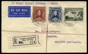 14-20 July 1930 (AAMC.165a) Wyndham - Derby, Mardie, Mundabullangana & Onslow, registered covers flown by Western Australia Airways on the extension to Wyndham, of their Perth - Derby route. The pilot was Norman Brearley. Intermediates are scarce.