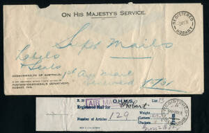 1-2 May 1931 (AAMC.198) group for the first ANA Hobart - Melbourne flight with 2 registered covers Melbourne & Perth - Hobart plus a OHMS reg. cover addressed to "Supt mails - Labels & Seals" together with a dispatch slip and the seal from the registered 