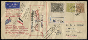 12 Jan.1932 Hans Bertram Atlantis Expedition long registered flight cover addressed to Canada. Endorsed at left in red "DERBY to PERTH, thence PERTH to ADELAIDE 'AIR MAILS ONLY'" and "Carried by HANS BERTRAM in his 'plane "ATLANTIS" from MELBOURNE to DERB