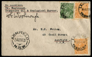 Nov.-Dec.1932 (AAMC.295) A cover carried Around Tasmania by the Woolnough Oil & Geographical Survey aeroplane; signed by Woolnough and postmarked on arrival at Launceston Dec. 23. Cat.$375.