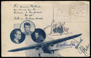 2 July 1934 (AAMC.389b) New Zealand - Australia special postcard (previously flown as AAMC.348) carried in the "Faith in Australia" and signed by Ulm, Allan and Boulton. Cat.$350+.