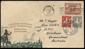 2 Nov.1934 (AAMC.458) Australia - Holland flown cover, addressed to Brisbane, carried by the KLM Air Race aircraft 'Uiver' on its return journey to Holland. With Dutch postage affixed in Holland and the Queensland Airmail Society certifing cachet applied 