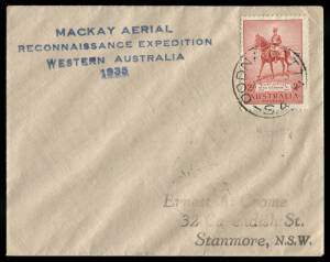 July 1935 (AAMC.517) Third Mackay Aerial Expedition cover, postmarked at Oodnadatta & signed by Harry Bennett. Postmarked on reverse at Rawlinna (10/7), Laverton (12/7), Forrest (13/7) and Petersham (22/7). [50 flown].