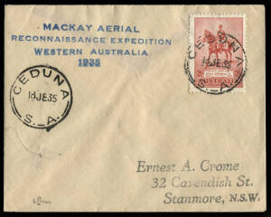 July 1935 (AAMC.517a) Mackay Aerial Reconnaissance Expedition Western Australia cover from CEDUNA with 4-line cachet in blue. [5 flown]. Cat.$300+.