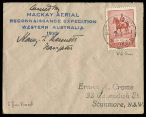 July 1935 (AAMC.517a) Mackay Aerial Reconnaissance Expedition Western Australia cover from FORREST with 4-line cachet in blue and signed by Harry Bennett, Navigator. [5 flown]. Cat.$300+.