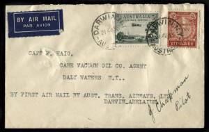 17-21 Aug.1935 (AAMC.523a) Group of intermediate covers flown in "Faith in Australia" and all signed by the pilot, J.Chapman: Adelaide - Daly Waters, Adelaide - Alice Springs, Adelaide - Newcastle Waters & Darwin - Daly Waters. A scarce group. Cat.$300.