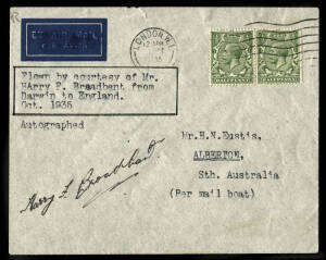 10 Oct.1935 (AAMC.538) Darwin - England cover, flown & signed by Harry Broadbent in his Dabs-III, which crashed at Basra on 15 October. He carried this cover and several others to England by regular air service. Also signed and endorsed on reverse by Nels