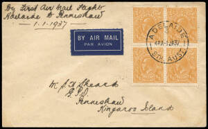 1 Jan.1937 (AAMC.699 & 700a) Adelaide - American River flown cover for the inaugral flight by ANA, Adelaide - Kangaroo Island plus an intermediate cover Adelaide - Penneshaw. Attractive pair.