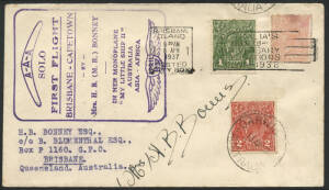 9 April 1937 (AAMC.713) Brisbane - Darwin cover, flown and signed by Mrs H.B. Bonney on the first leg of her epic solo flight in "My Little Ship II". Covers from this leg, the only internal Australian portion of her flight are rarely seen. With annotated 