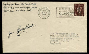 Mar.1938 (AAMC.798) England - Dutch East Indies cover, flown and signed by H.F. Broadbent. Endorsed at left ".... Force-landed near Waingapu, Dutch East Indies, 16th March 1938". Cat.$325.