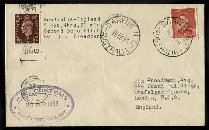 18 Apr.1938 (AAMC.804) Australia - England cover, flown by Harry Broadbent in the new record time of 5 days, 4 hours, 21 minutes. [40 flown]. Cat.$450.