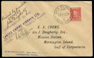 21 Dec.1939 (AAMC.887) Sydney - Mornington Island parachute cover dropped from the Qantas flying boat 'Corio', endorsed at the top left and signed by the pilot Capt. R.B. Tapp. [70 flown].