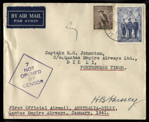 17 Jan.1941 (AAMC.912) Australia - Portuguese Timor, censored cover flown on the Flying Boat 'Coriolanus', endorsed and signed by the pilot Capt. H. Hussey. With "Not Opened by Censor" cachet in violet and Dili b/stamp. [54 covers flown].