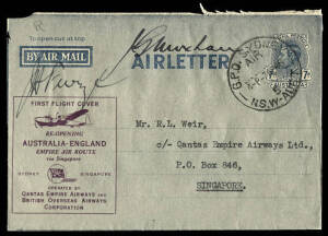 7-9 Apr.1946 (AAMC.1036a & 1038a) 7d Airletters overprinted in purple or red for the Sydney - Singapore & Sydney - London re-opening flights by QANTAS and BOAC; the former signed by pilots Furze & Moxham. Cat.$425.