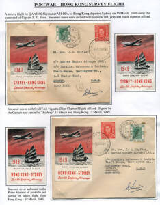 1947-49 (AAMC.1124 & 24a, 1125 & 25b) Qantas vignette for the 1st regular Australia - England service; with Sydney - London vignette**, London - Sydney vignette(*) & covers with appropriate vignettes (plus 25th Anniversary vignette), both signed by the pi