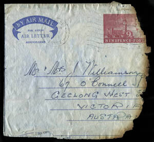 8 Apr.1968 (AAMC.1622a) Heathrow crash cover. BOAC Boeing 707, G-ARWE crashed on arrival at Heathrow, with 5 killed and 38 injured. Approx. 2/3 thirds of an aerogramme, charred at right and with the PMG's Dept. explanatory letter, Melbourne, dated "7th Ma