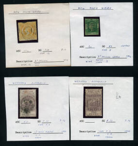 Groups of NSW 1854-1902 x15, 1d to 10d incl. 6d olive-grey with a large pre-printing paper fold and Western Australia 1854-1912 x10 with 3 imperfs and 2 fiscals. All with SG cat. numbers, mixed condition.