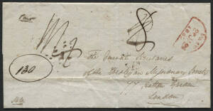 1839 (Jan.10) outer from New Norfolk to the Wesleyan Missionary Society London, with PAID inwards country h/stamp (Type 1) & on reverse framed red "INDIA LETTER/FALMOUTH" h/s & London receival cds. Rated "8" for VDL inland postage + seapost to Falmouth + 