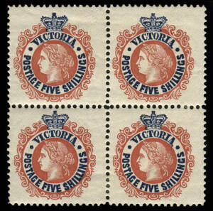 1901 (SG.398a) 5/- Scarlet and deep blue, QV with Postage added, wmk V over Crown, perf 12½, block with plateable varieties incl. "Broken leaf below 'GE' of POSTAGE", top L unit. Gum toned, scarce as a multiple.