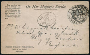 1886-1902 range incl. Attorney General, Ministers of Health (3), Lands and Survey, Mines, Railways (2), Dept. of Trade & Customs plus Postmaster General (5). Noted 1900 envelope from the Public Health Dept. to England with "VICTORIA/OFFICIAL PAID" crown o