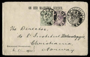 1900 (Jan.10) OHMS envelope, Melbourne - Christiania, Norway, from the Melbourne Observatory, with "CHIEF SECRETARY" frank stamp and uprated 2½d, b/stamped 'Kristiania'. A scarce and attractive usage.